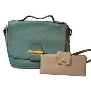 Fossil Tatum Green Leather Crossbody Satchel w Wallet Teal Bag